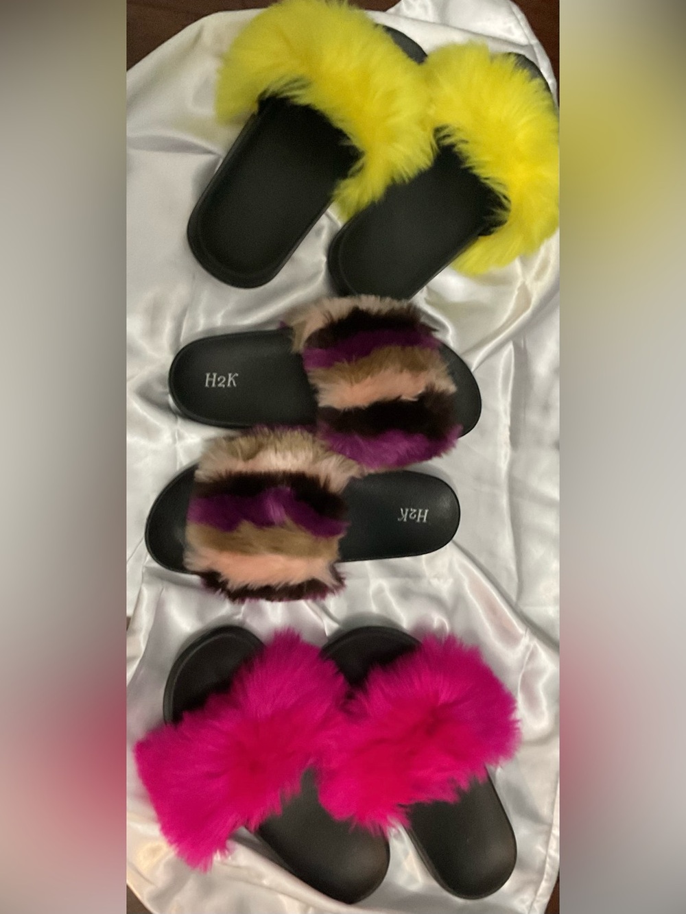 NWOT All 3 pairs in bundle, Faux Fur Slide Sandals,Yellow, Multicolor, Hot Pink!